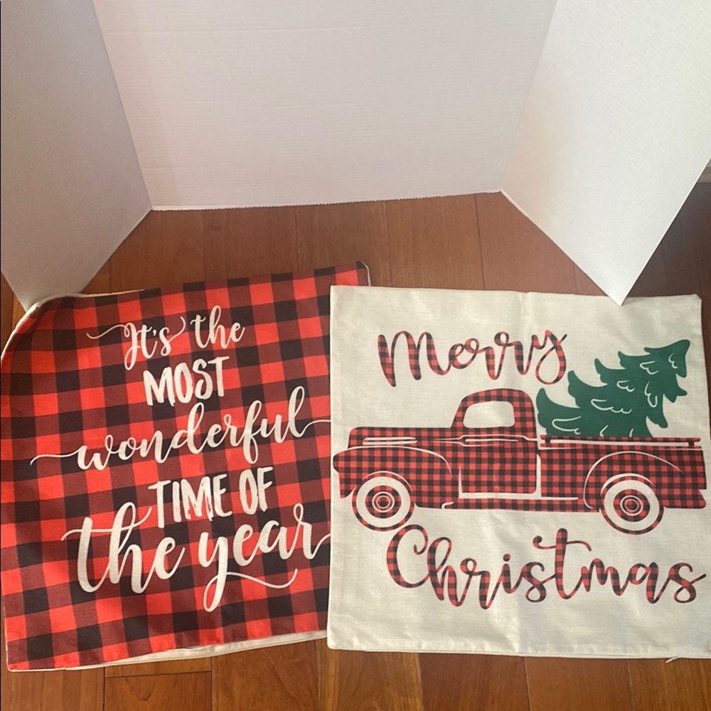 Festive Holiday Pillow Covers shams red/ black plaid pickup truck 19x19”
